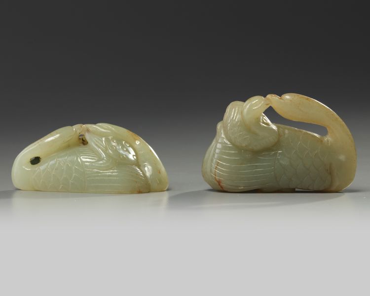 TWO CHINESE CELADON JADE GEESE CARVINGS, 19TH-20TH CENTURY