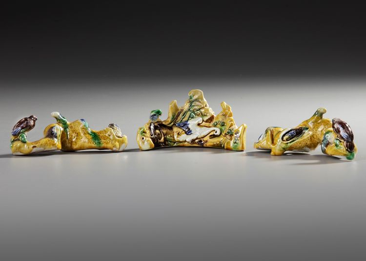 THREE CHINESE BISCUIT BRUSH RESTS, 18TH CENTURY