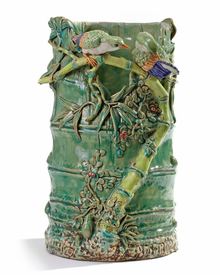 A large Chinese enamelled 'bird and bamboo' umbrella stand
