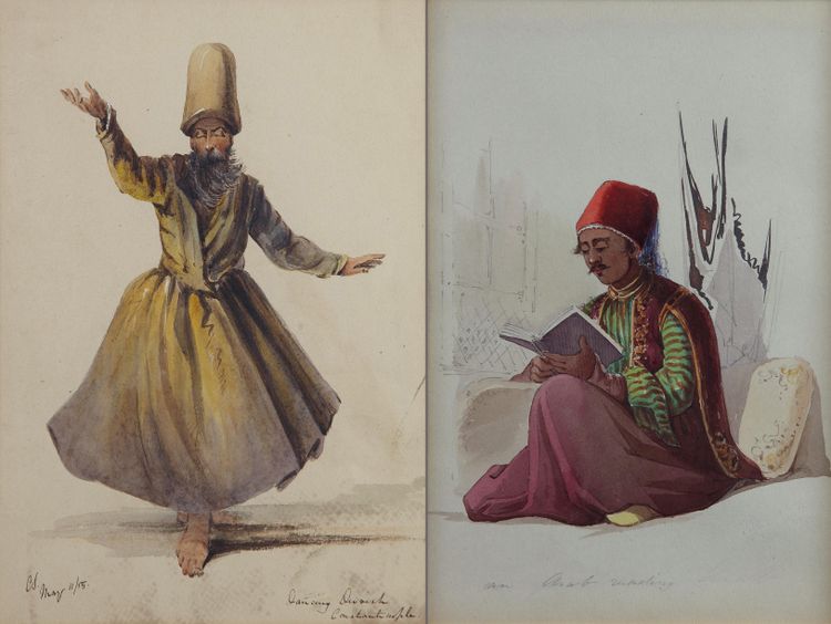 Two watercolours representing various figures