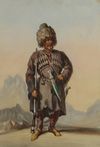 A watercolour painting depicting a caucasian warrior; Amadeo Preziosi