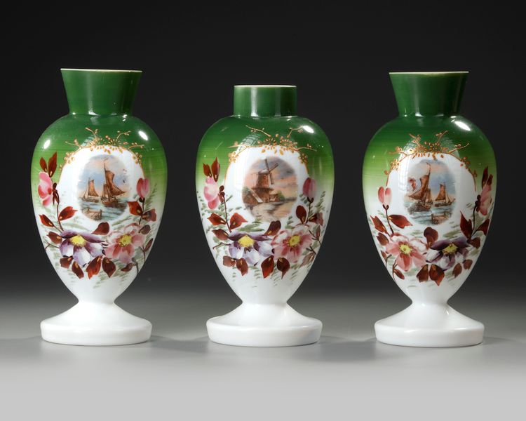 A SET OF THREE OPALINE VASES, FRANCE, 19TH CENTURY