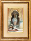 A PAINTING OF A SEATED HOLY MAN BEFORE A GIANT MOORISH STYLE VASE IN A NICHE, 1880