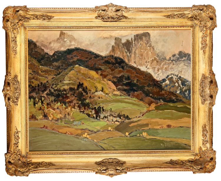 MILDRED PELZER (1889-1985), HOUSES IN A MOUNTAINOUS LANDSCAPE, OIL ON CANVAS