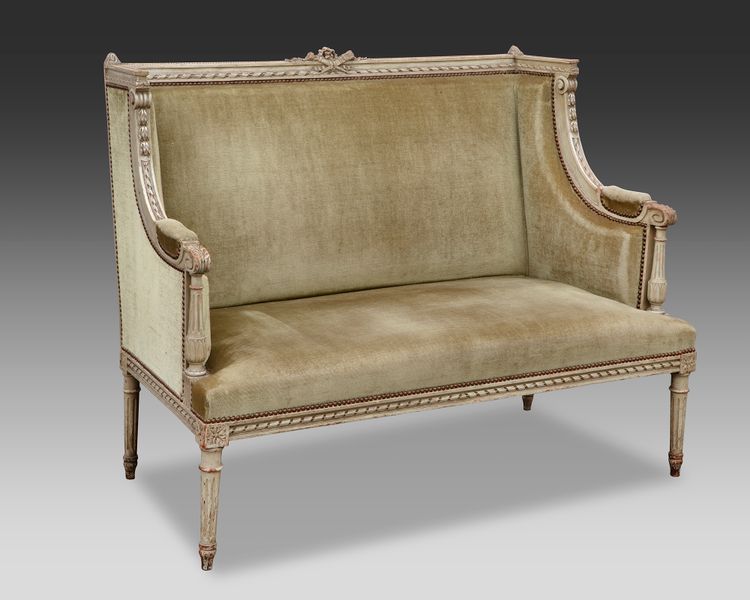 A FRENCH CARVED AND GRAY LACQUERED WOODEN SOFA, LOUIS XVI STYLE, LATE 19TH CENTURY