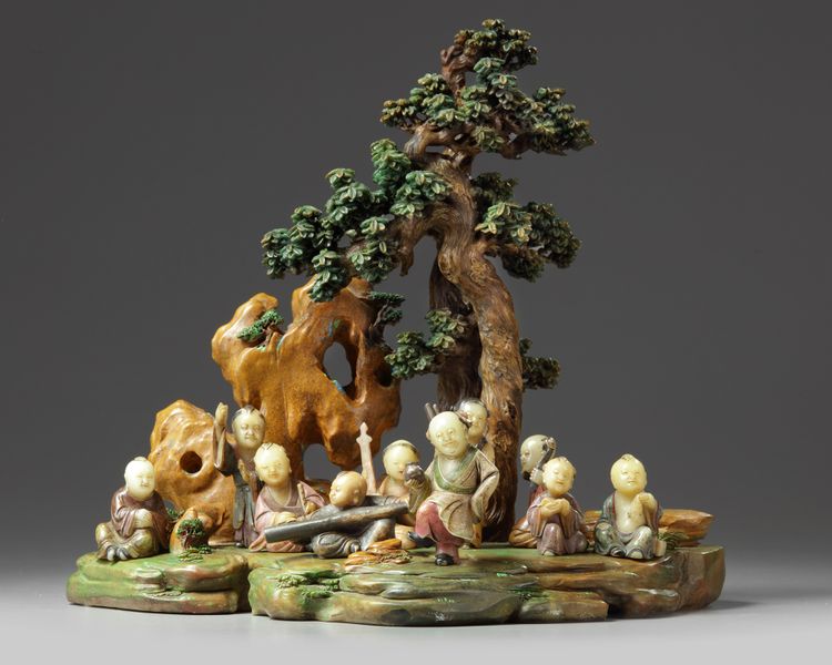 A Chinese painted soapstone ‘boys’ group