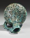 A RARE FRITWARE OPENWORK DECORATED RETICULATED EWER WITH ROOSTER HEAD, PERSIA, 13TH CENTURY