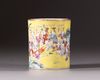 A Chinese yellow-ground famille rose brush pot, bitong