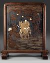 A LARGE JAPANESE WOODEN TUSITA SCREEN ON A STAND, MEIJI PERIOD (1868-1912)