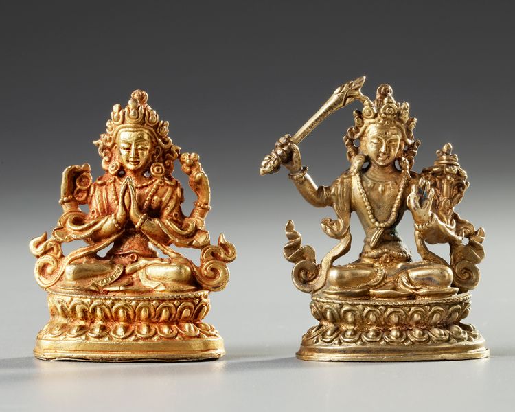 TWO SMALL SINO-TIBETAN GILT BRONZE FIGURES OF MANJUSHRI, 19TH CENTURY