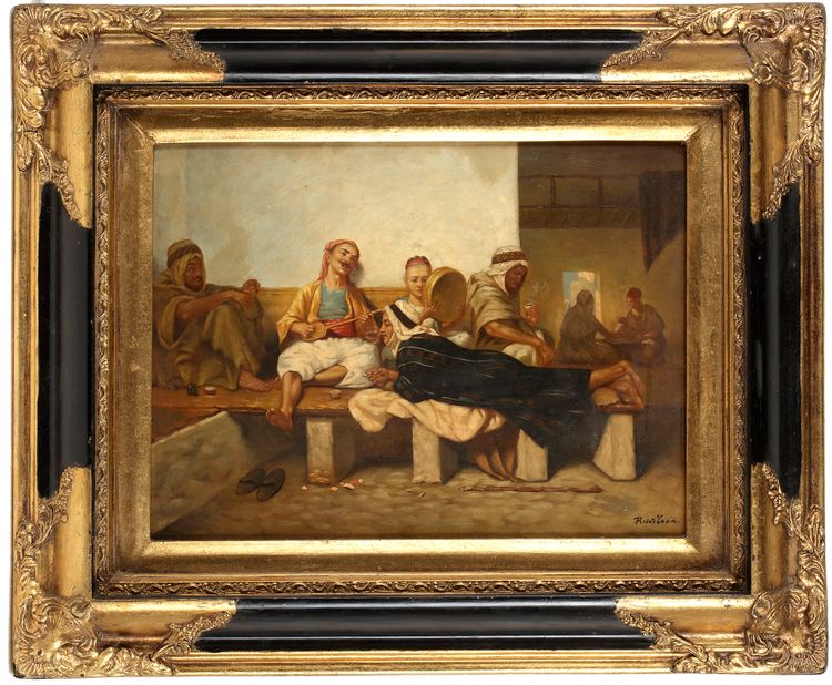BRITISH SCHOOL (20TH CENTURY), FIGURES MAKING MUSIC AND SMOKING, OIL ON PANEL
