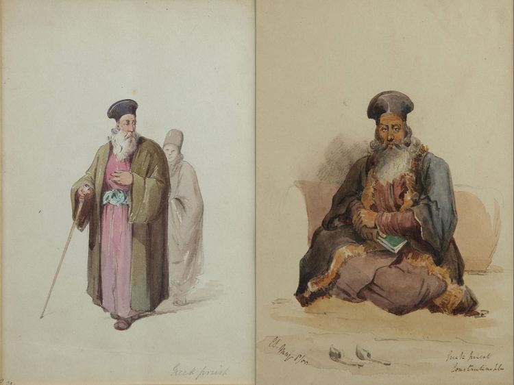 Two watercolours orientalst painting depicting a Greek priest from Constantinople, Amadeo Preziosi