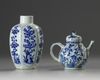 A Chinese blue and white moulded teapot and a hexagonal jar
