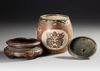 A JAPANESE SATSUMA COVERED JAR WITH WOODEN STAND, 19TH CENTURY