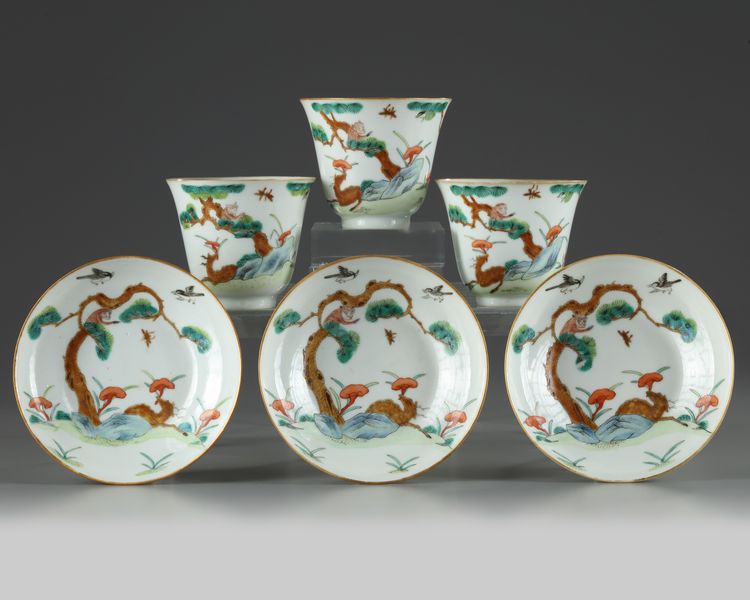 Three pairs of Chinese famille verte cups and saucers