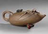 A CHINESE YIXING POTTERY TEAPOT  IN THE FORM OF A CORN COB, SURMOUNTED BY A MOUSE, 20TH CENTURY