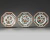 Three Chinese famille verte 'piecrust' octagonal dishes