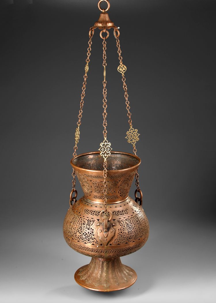A MAMLUK-STYLE PIERCED BRASS MOSQUE LAMP, SYRIA OR EGYPT, 19TH CENTURY
