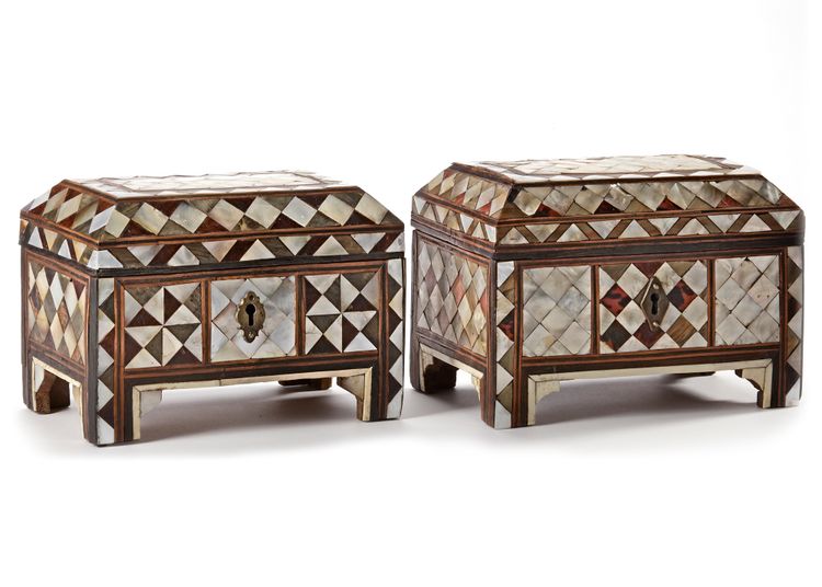 TWO OTTOMAN MOTHER-OF-PEARL AND TORTOISESHELL INLAID WOOD JEWELLERY BOXES, TURKEY, 18TH CENTURY