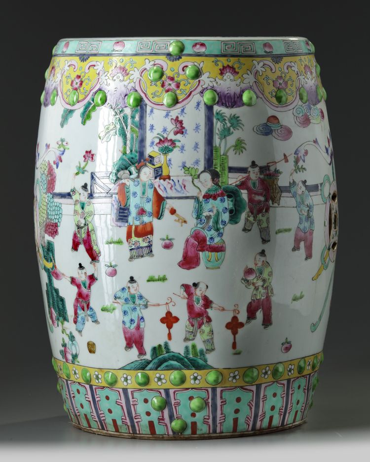 A large Chinese famille rose 'boys' garden seat