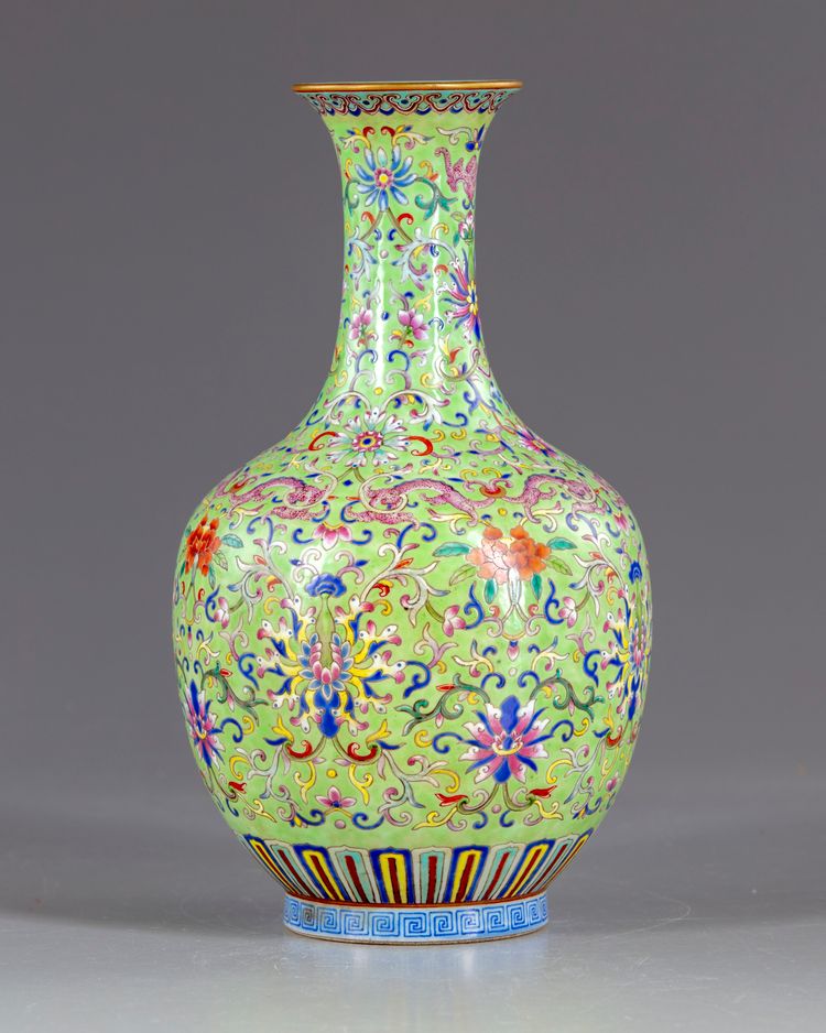 A Chinese famille rose lime green vase