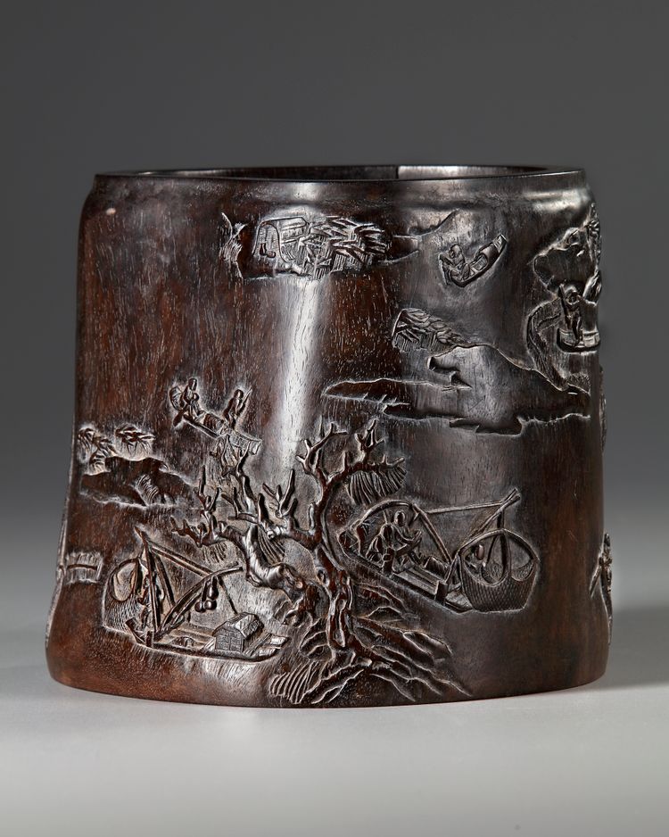 A CARVED ZITAN BRUSH POT, BITONG,  QING DYNASTY (1644-1911)