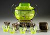 A FRENCH SET OF 4 WINE GLASSES AND A BOWL, URANIUM GLASS, ATTRIBUTED TO BACCARAT, CIRCA 1880