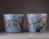 A pair of Chinese blue-ground famille rose 'nine peach' jardinieres