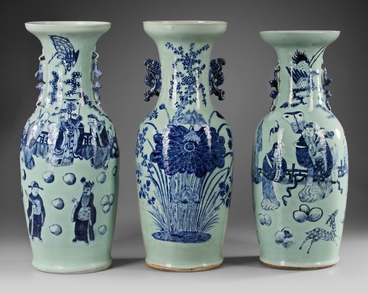 THREE LARGE CHINESE CELADON GROUND BLUE AND WHITE DECORATED VASES, 19TH CENTURY