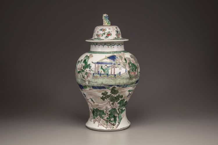 A famille verte baluster vase and a cover
