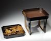 A JAPANESE SQUARE BLACK LACQUERED TABLE WITH A SEPARATE TRAY IN ITS TOP