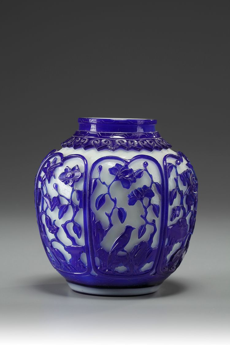 A Chinese blue overlay white glass 'floral' jar