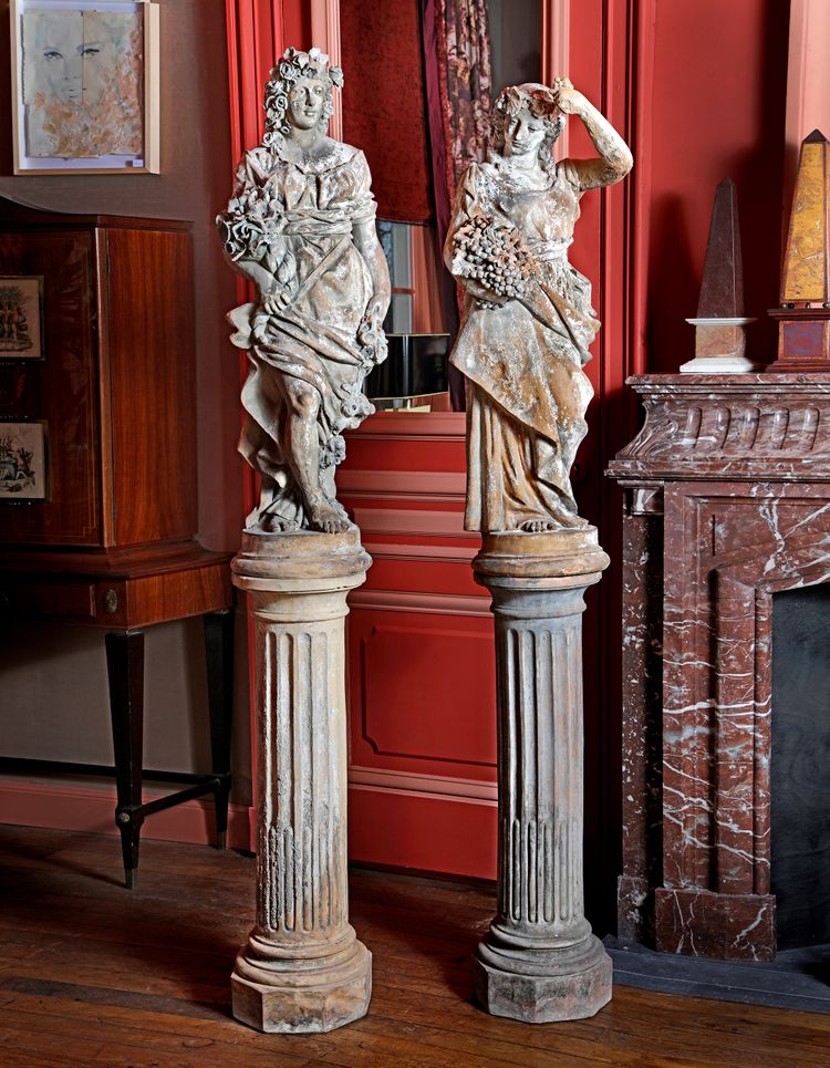 A PAIR OF TERRACOTTA FIGURES, EMBLEMATIC OF SPRING AND AUTUMN, 19TH CENTURY