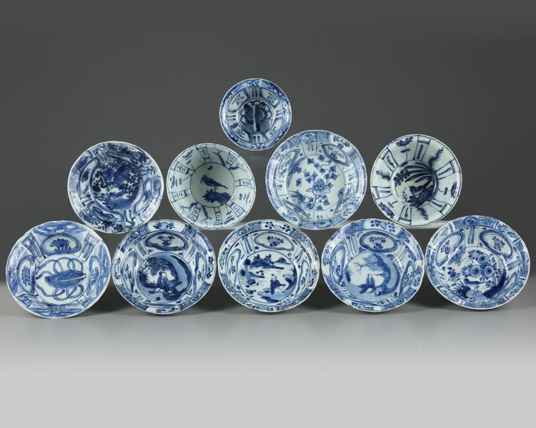 A group of ten Chinese blue and white 'Kraak porcelain' bowls
