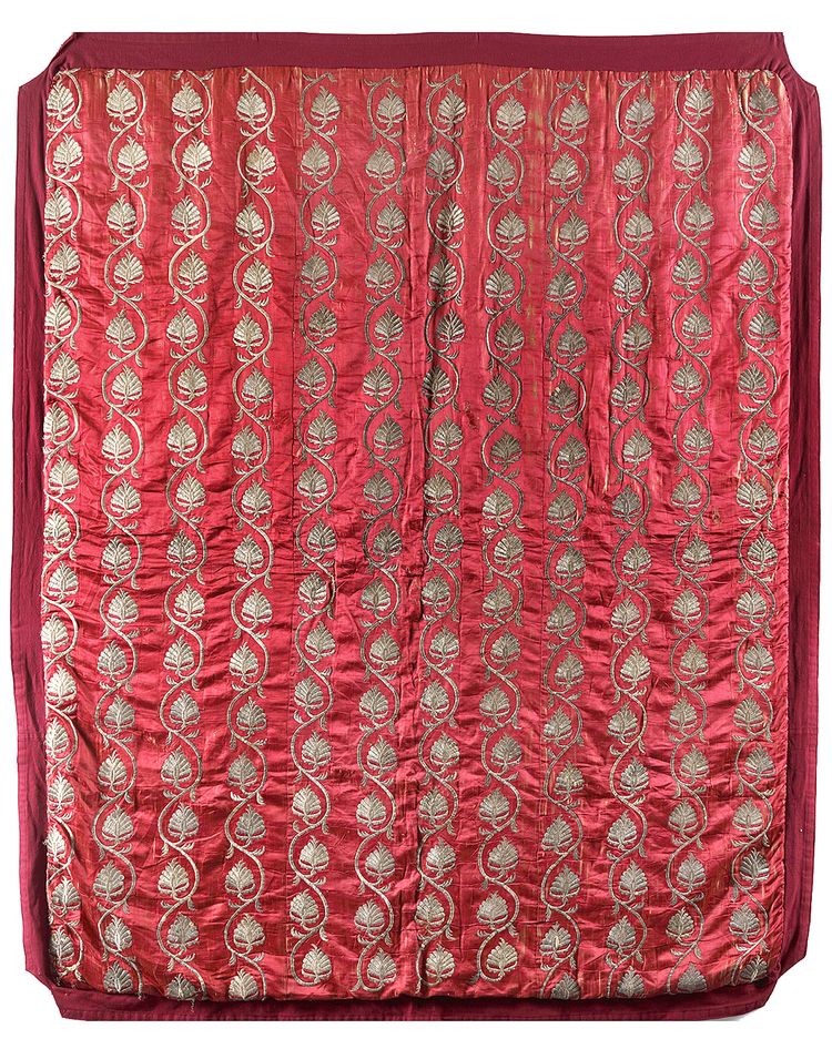 AN OTTOMAN EMBROIDERED DEEP RED SILK PANEL