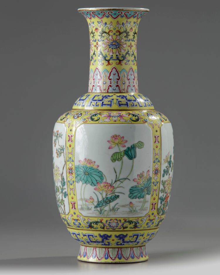 A Chinese yellow ground fmille rose ‘flowers of the four seasons’ vase
