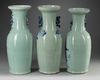 THREE LARGE CHINESE CELADON GROUND BLUE AND WHITE DECORATED VASES, 19TH CENTURY