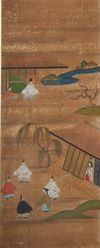 A JAPANESE SIX-PANEL BYOBU SCREENS WITH SCENES FROM THE TALE OF GENJI, EDO PERIOD (1603-1868)