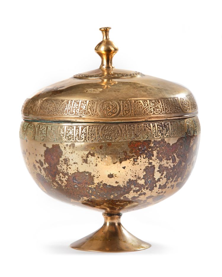 A KHORASSAN BRONZE  COVERED FOOTED BOWL, PERSIA, 12TH-13TH CENTURY