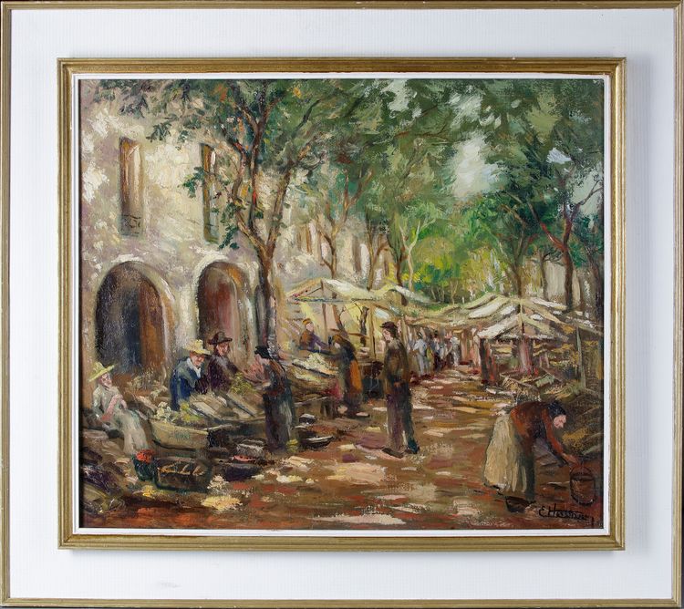 AN OIL PAINTING DEPICTING A MARKET SCENE, SIGNED