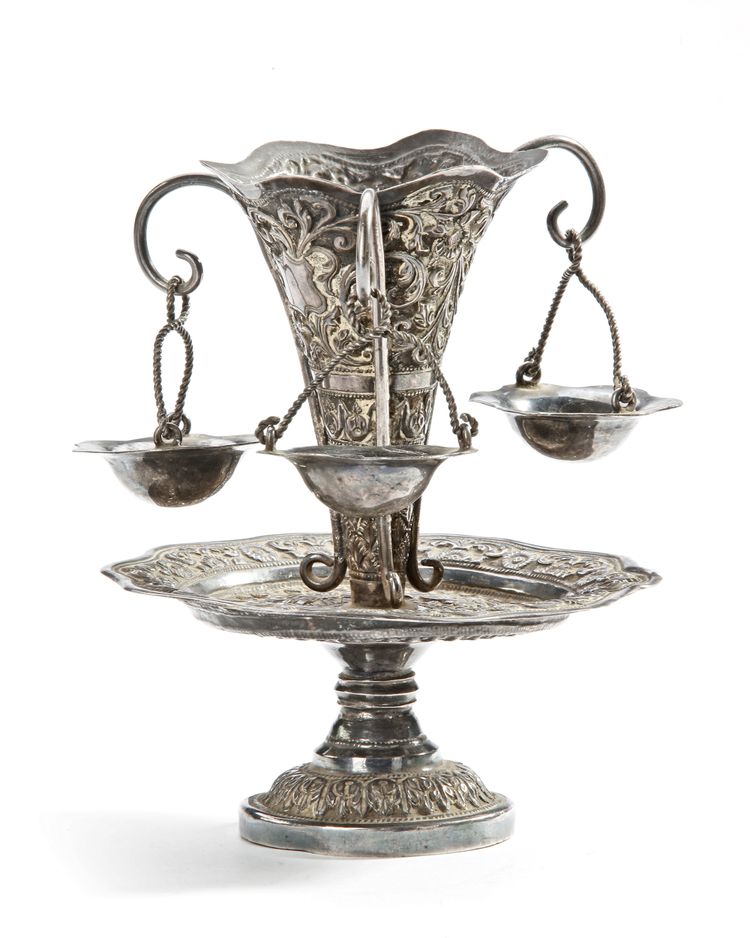 AN OTTOMAN SILVER VASE WITH THREE HANGING CUPS, 19TH CENTURY
