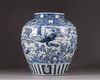 A large blue and white pot