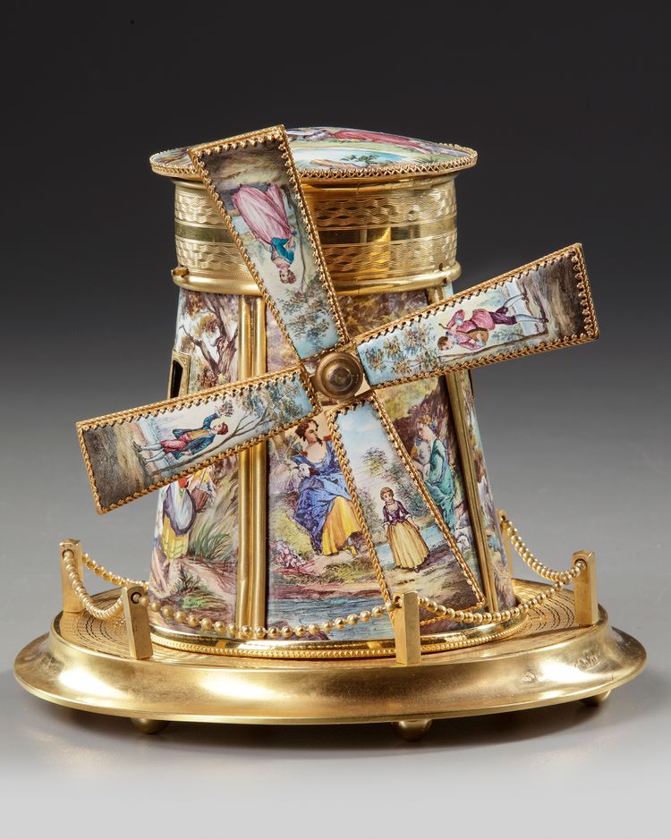 AN ENAMELED AUSTRIAN MINIATURE MILL MUSIC BOX, 19TH CENTURY