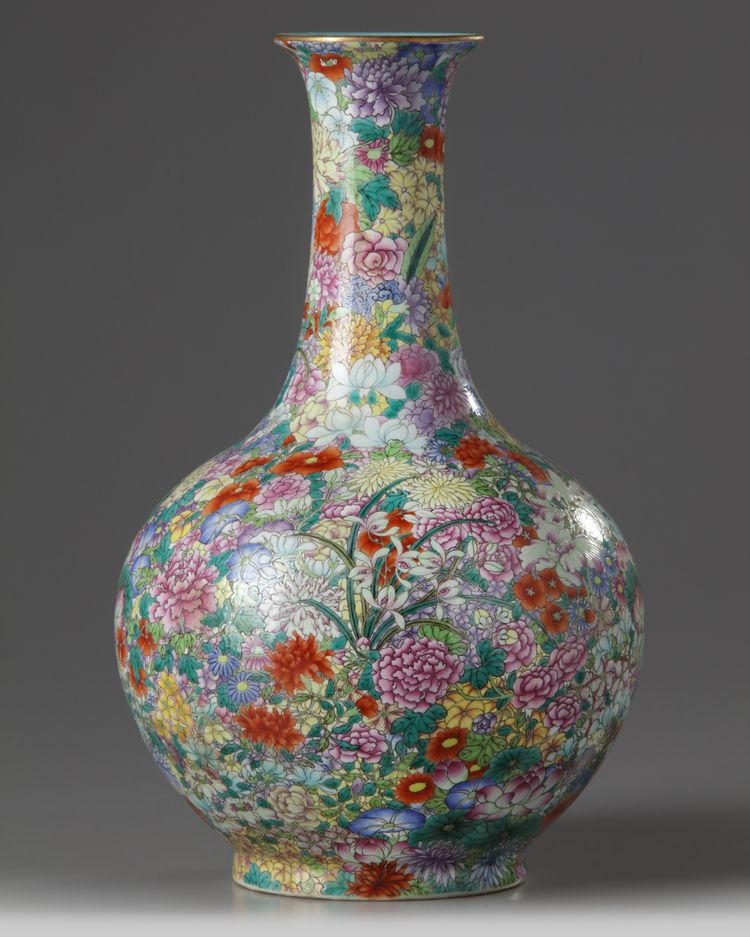 A Chinese famille rose millefleurs bottle vase