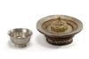 A MONGOLIAN SECOND-GRADE SILVER TEA BOWL AND PARCEL GILT SILVER COVER AND A WHITE METAL-MOUNTED WOODEN STEM DISH, 19TH CENTURY