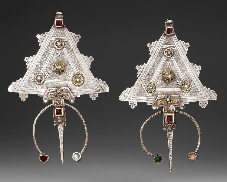 A PAIR OF LARGE SILVER AND MINERAL STONE INLAY FIBULA'S, MOROCCO AND ALGIERS, LATE 19TH-EARLY 20TH CENTURY