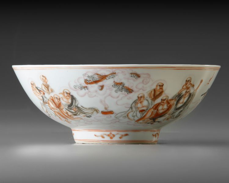 A CHINESE IRON-RED 'IMMORTALS' BOWL, QING DYNASTY (1644-1911)