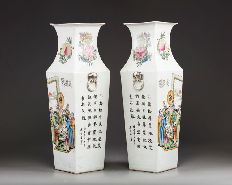 Two Chinese famille rose square-section vases
