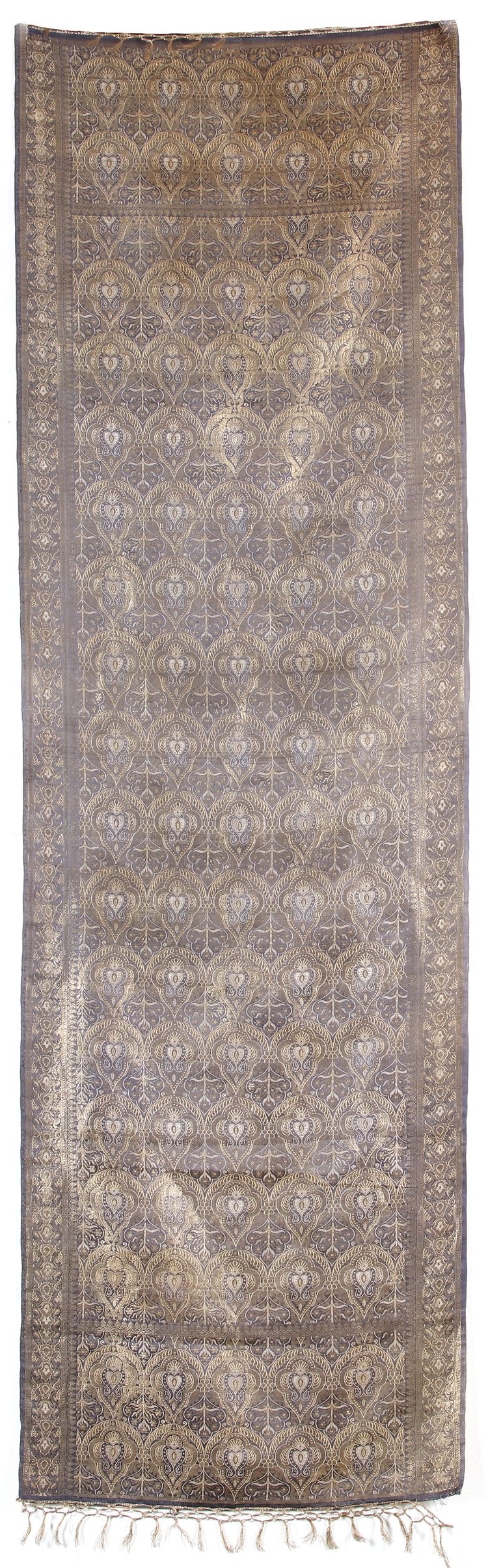 A GRAYISH SILK EMBROIDERY WITH SILVER AND GOLD