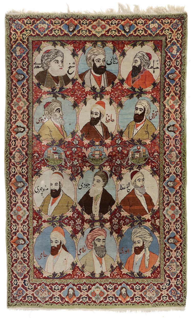 UNIQUE AND RARE KASHAN KURK ANTIQUE RUG WITH PORTRAITS OF IMPORTANT PEOPLE.